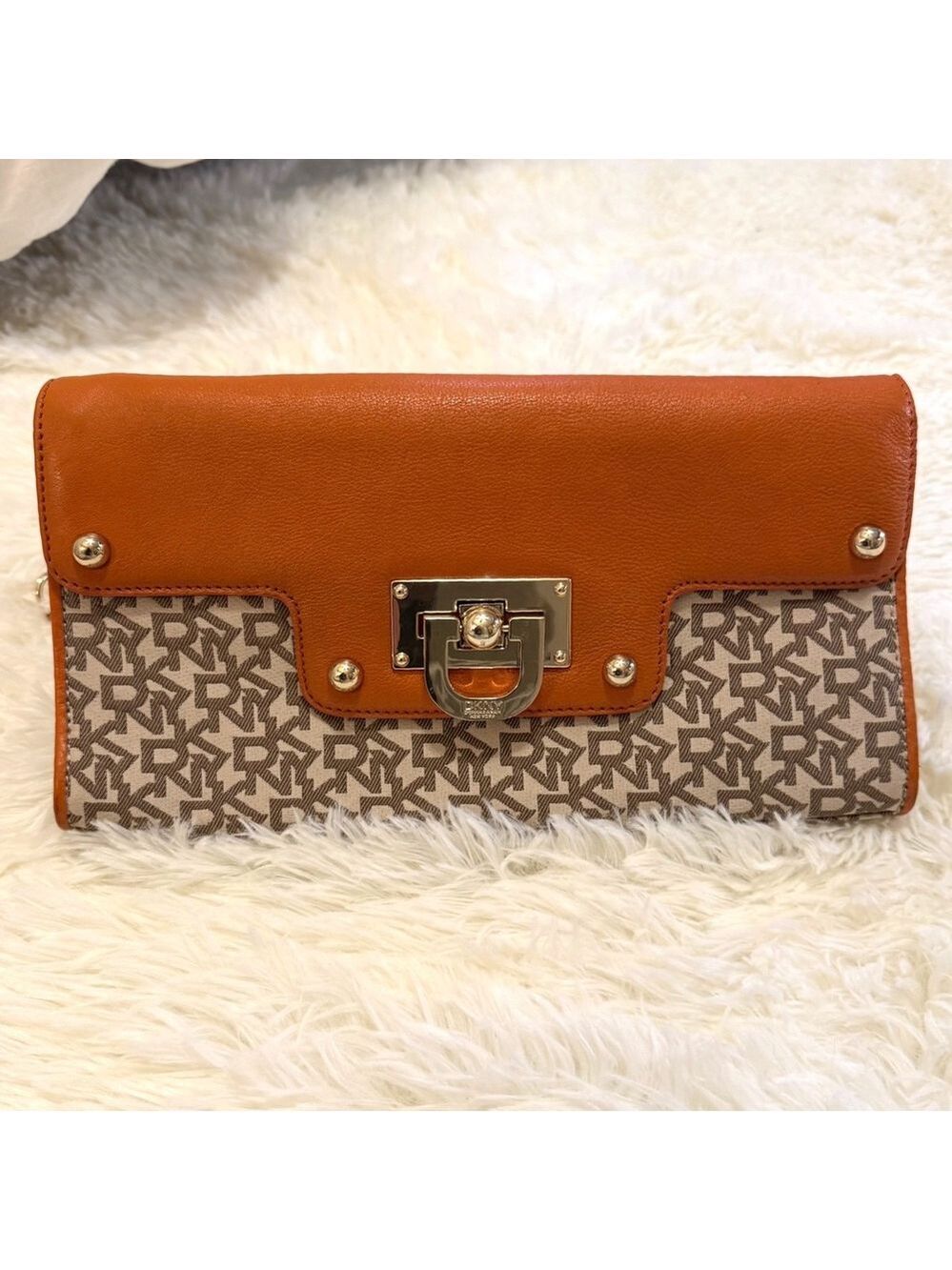 DKNY Monogram Shoulder Bag Vintage Y2K Orange Leather Trim Small Purse Womens - Picture 3 of 5
